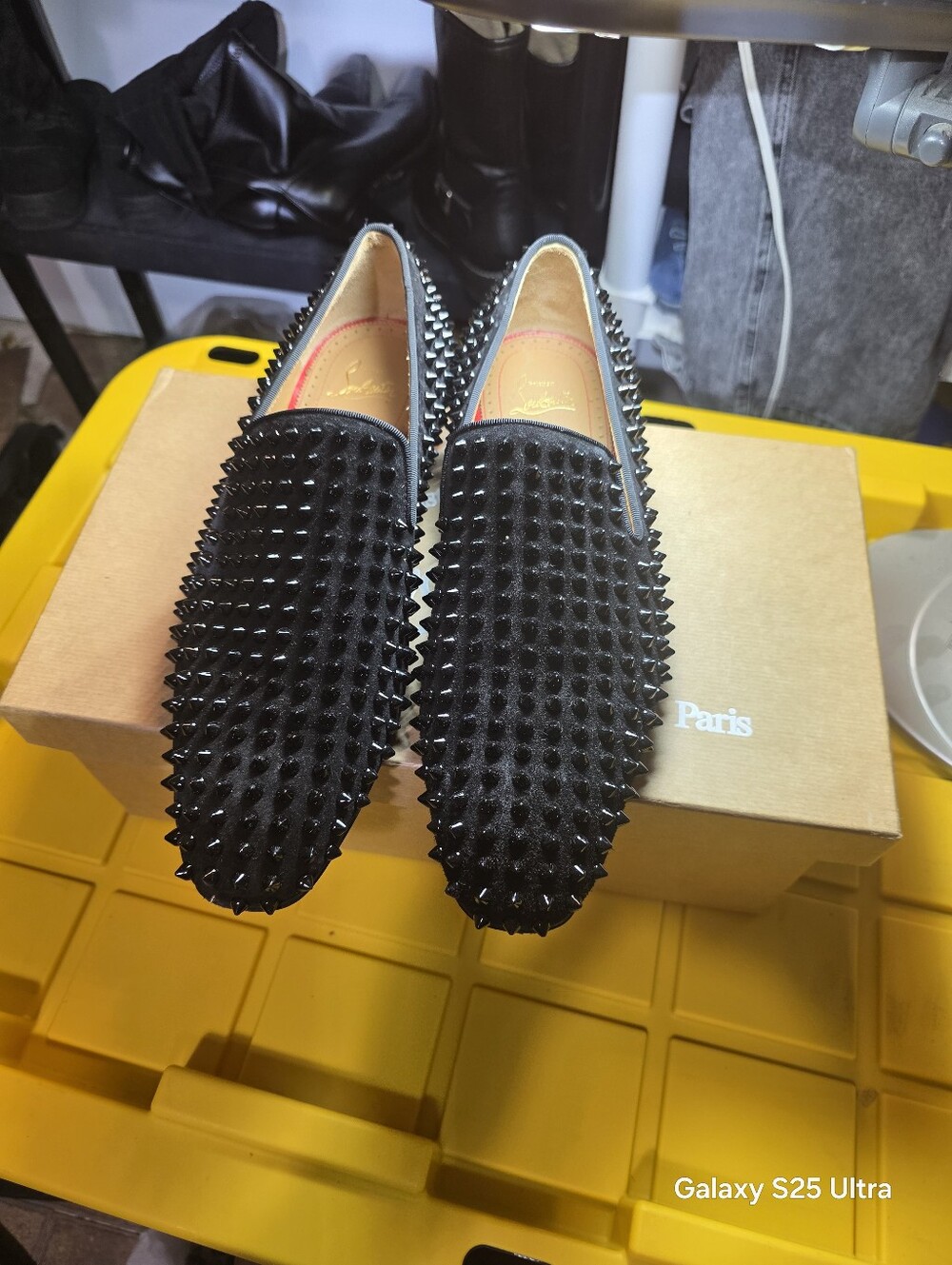 Christian Louboutin Black Spiked Velvet Slip-On Loafers